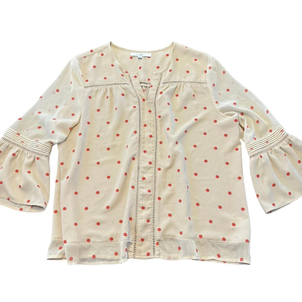 Fever Women's blouse, tan/beige with pink dots, sheer bell sleeves, Size XL